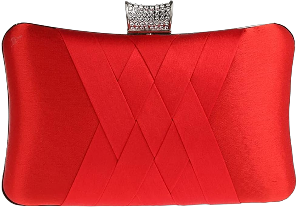 Women Satin Silk Rhinestone Purse Cross-hatching Pattern Clutch for Evening Cocktail Party Red