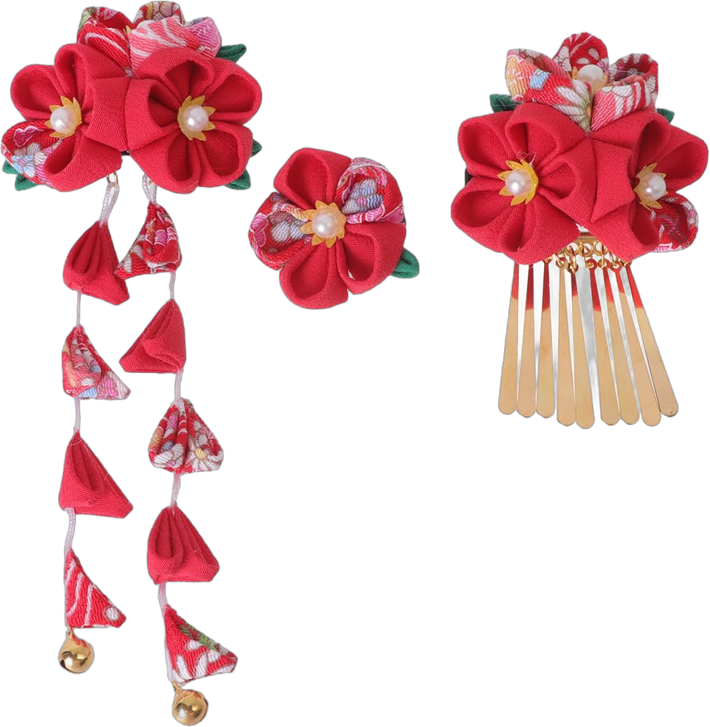 Lurrose 3pcs Japanese Kimono Flower Hair Clips Tassel Hair Hairpins Japanese Style Traditional Kimono Hair Barrettes Hair Accessories for Women (Red)