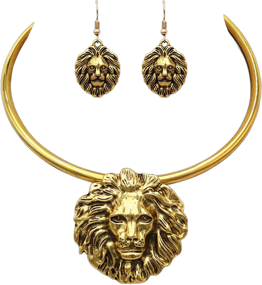 Rosemarie & Jubalee Women's Statement Golden Leo 3D Lion Door Knocker Hoop Choker Necklace Earrings Set, 14"+3" Extender