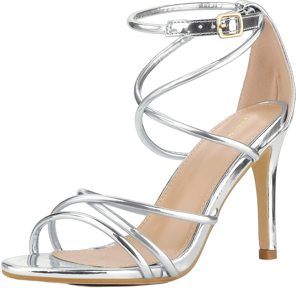 Perphy Women's Open Toe Strappy Criss Cross Straps Stiletto Heel Buckle Sandals Silver 9