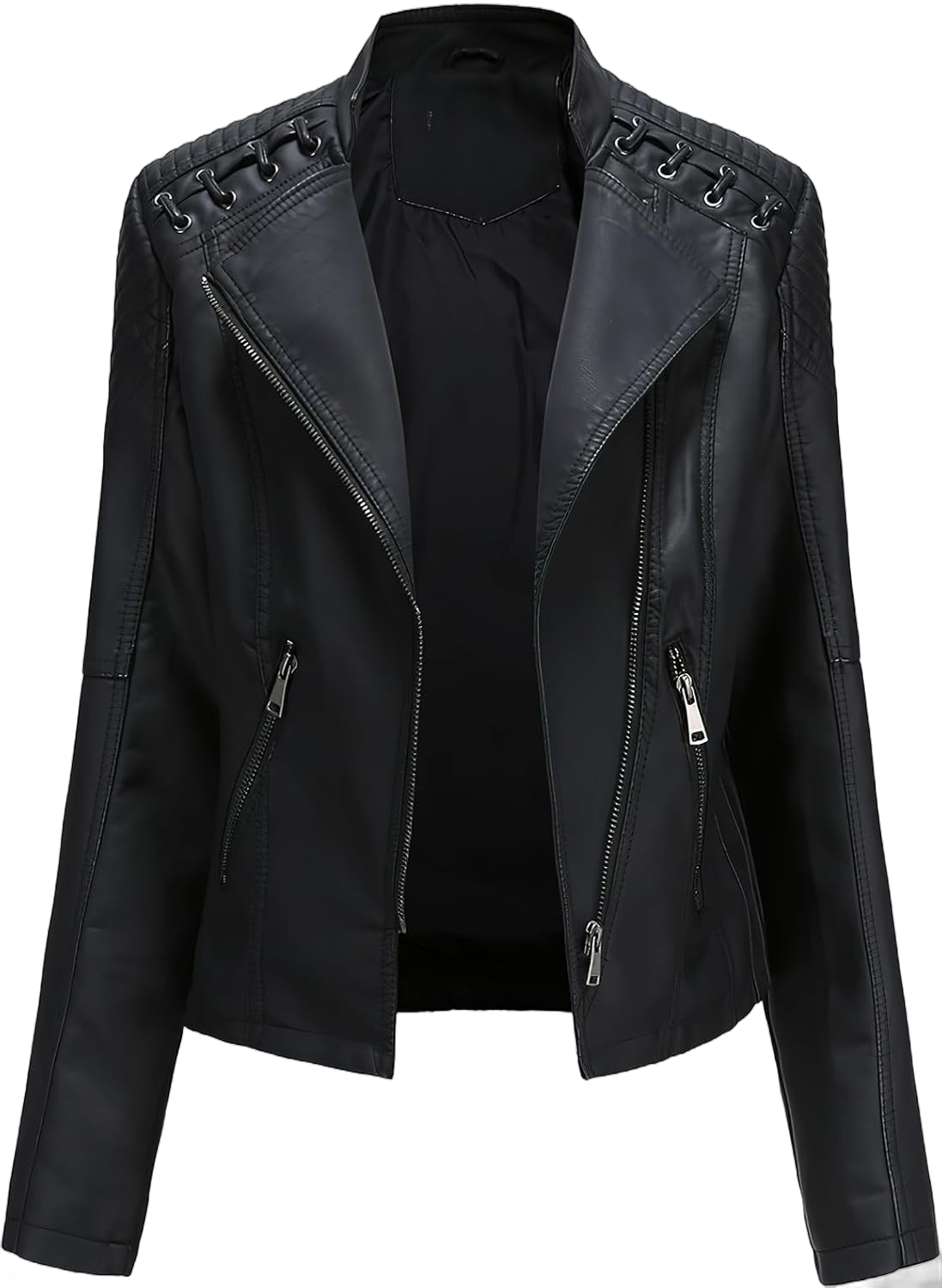 ebossy Women's Faux Leather Zipper Up Long Sleeve Slim Cropped Motorcycle Jacket Outwear Large Black