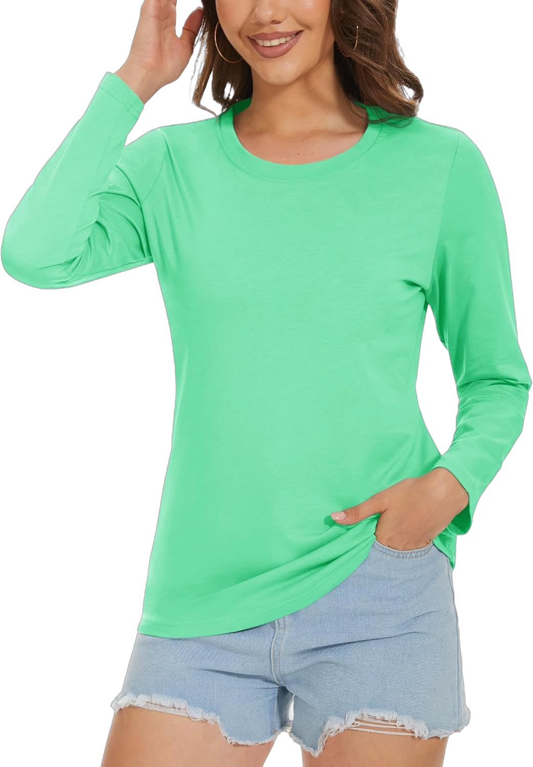 TACVASEN Women's Long Sleeve Shirt Lightweight Cotton Crewneck T-Shirts Breathable Classic-Fit Casual Tops Basic Tees Mint Green Large