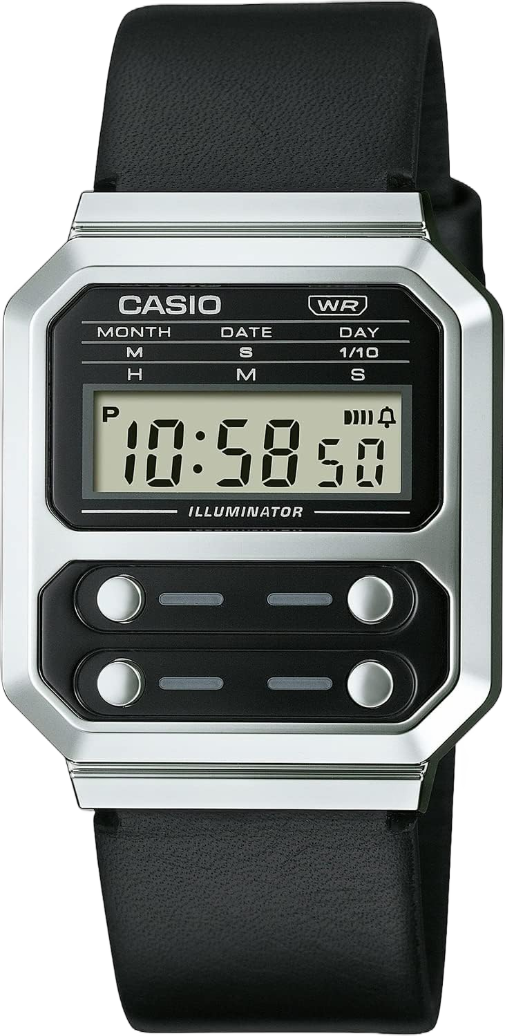 Casio A100 Series Men's Digital Wristwatch, Reproduction Design, Overseas Model Silver X Black Leather Band A100wel-1a