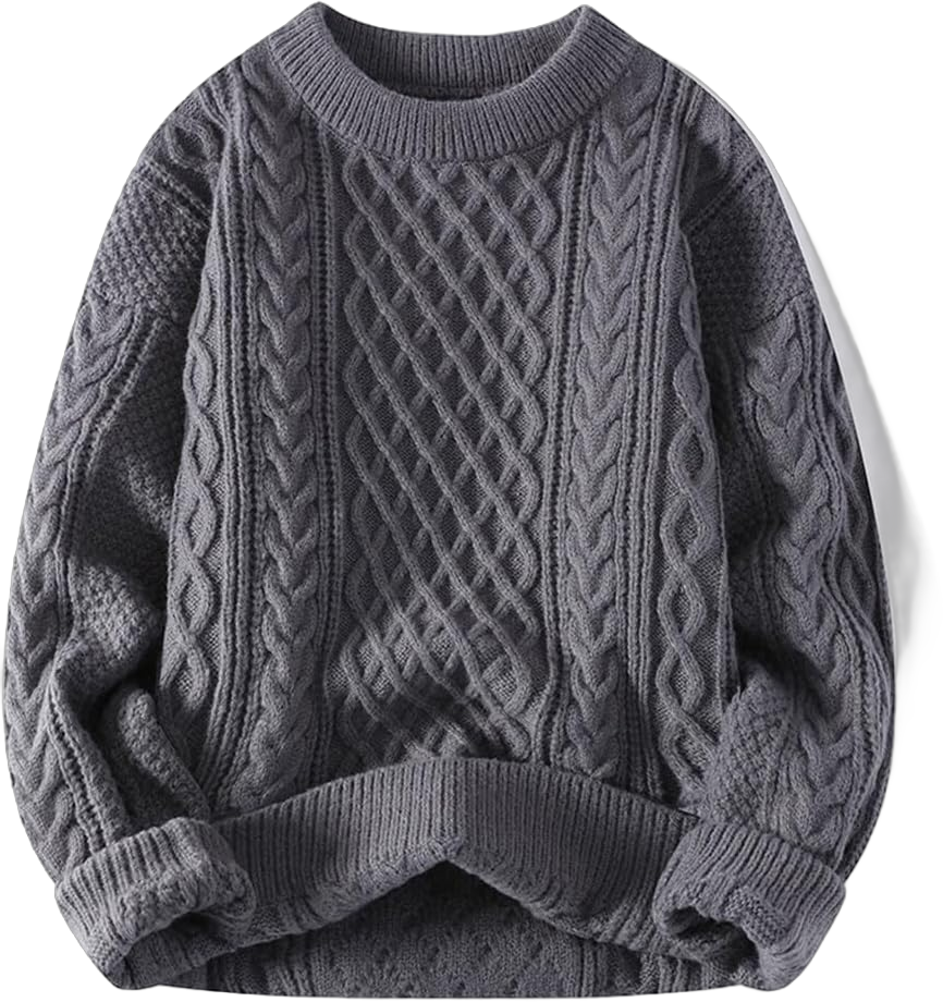 Women Cable Knit Vintage Chunky Sweater Loose Casual Knitted Sweater Unisex Woven Crewneck Knitted Top Medium Grey