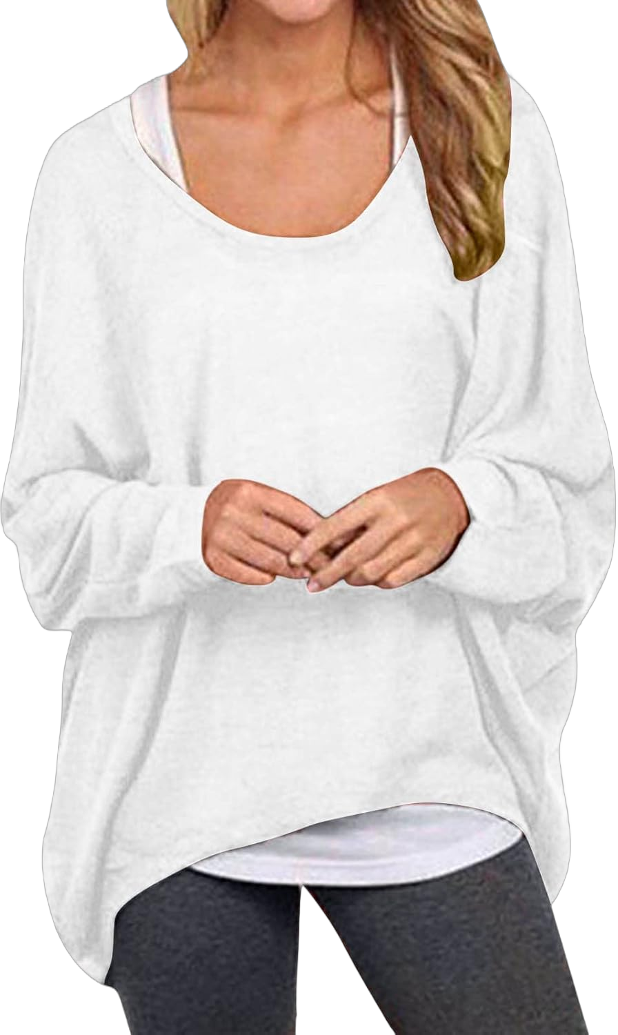 Women's Off-Shoulder Batwing Sleeve Pullover Tops Casual Loose Blouse Oversized Baggy T-Shirt Sweater XX-Large White