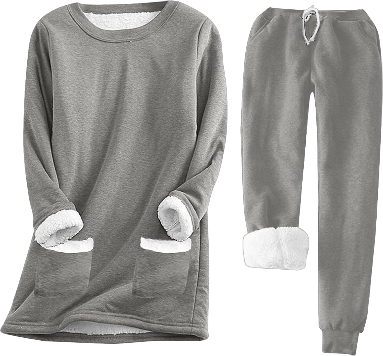 Womens 2pcs Loungwear Set Thicken Winter Warm Sherpa Fleece Lined Sweatshirt +Pants Soft Pjs Sleepwear with Pocket Gray Medium