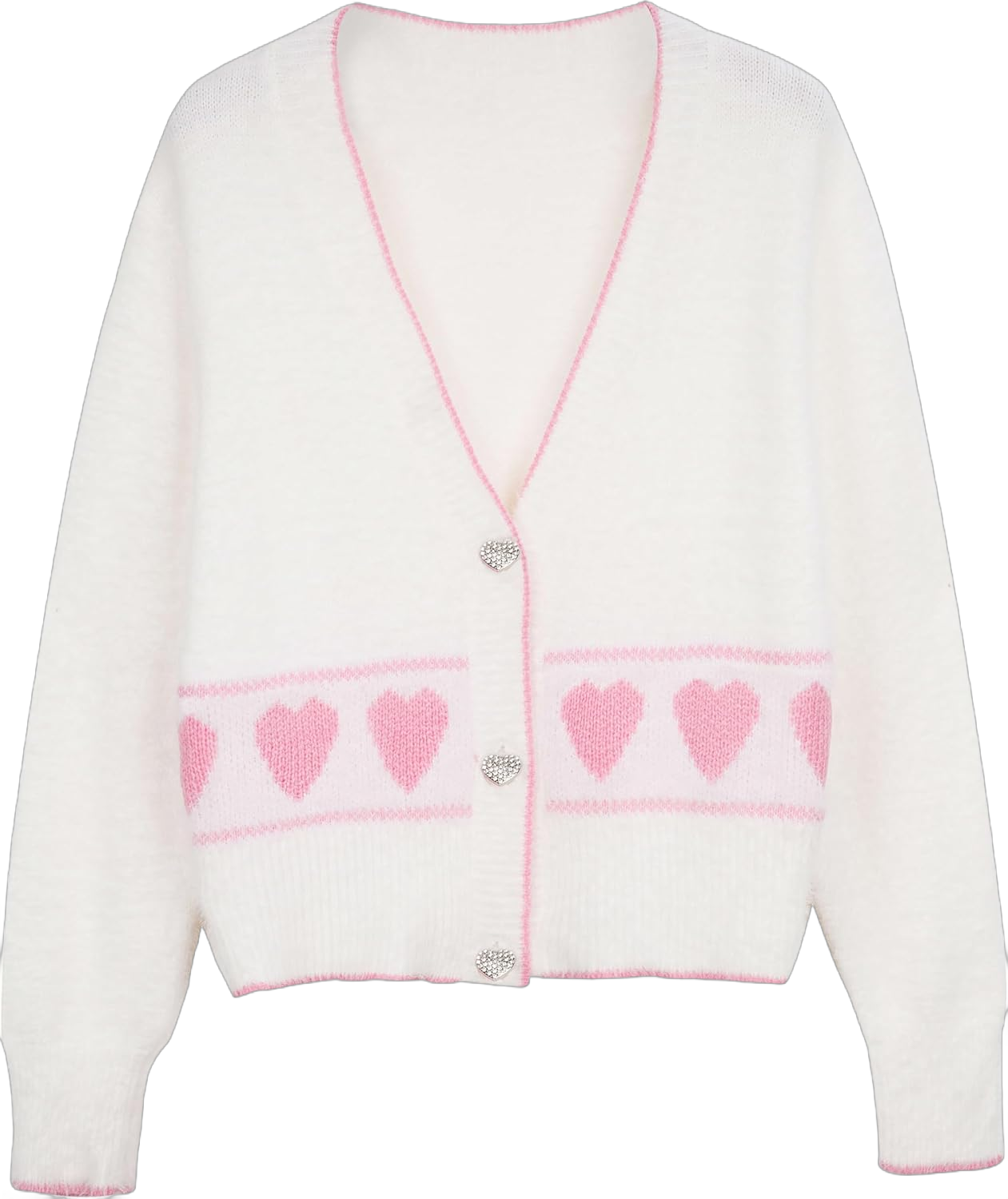 Women Kawaii Cardigan Heart Printed Fuzzy Sweater with Glittery Buttons White Large