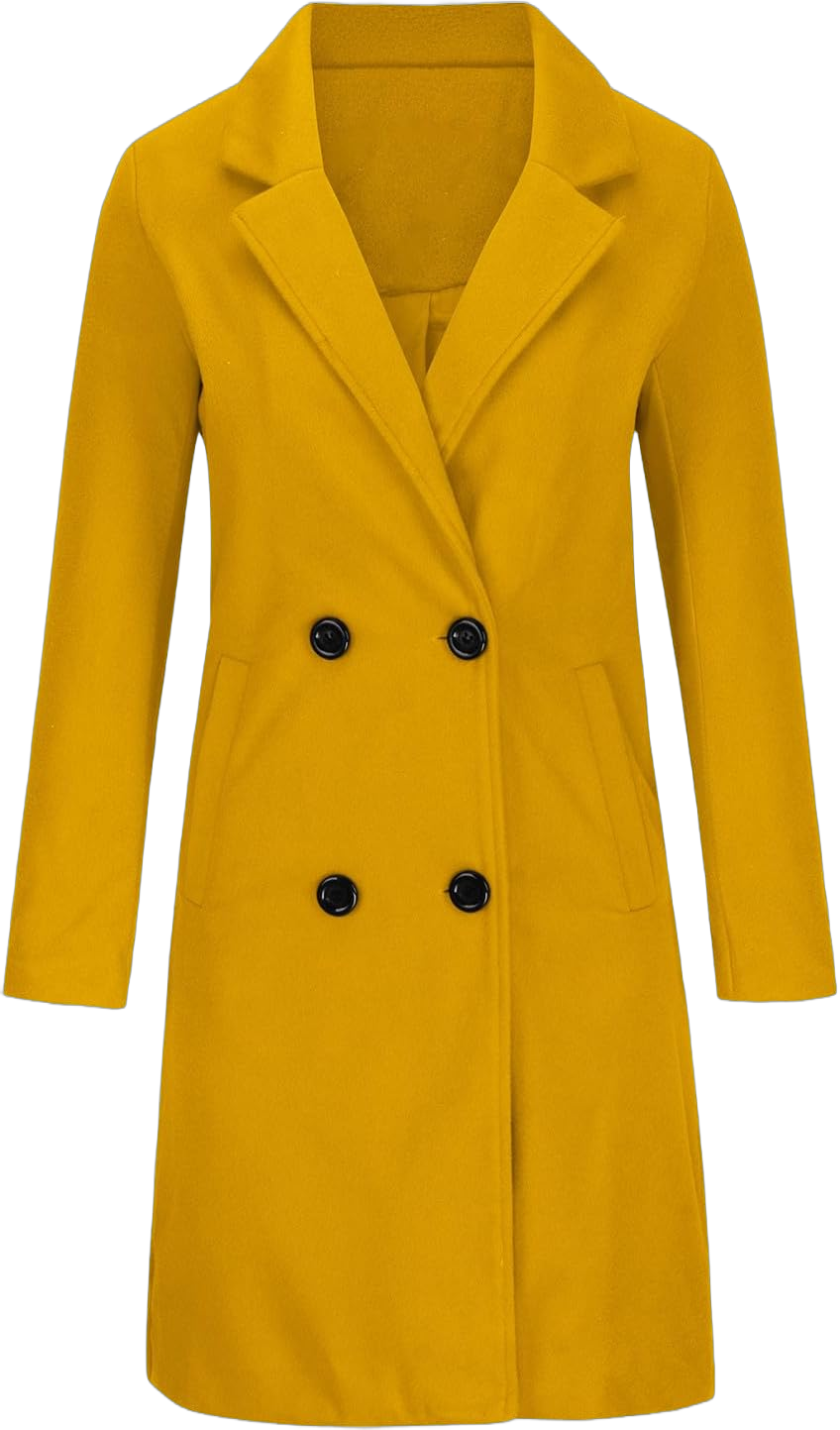 Women Winter Wool Blend Mid-Long Coat Notch Double-Breasted Lapel Jacket Outwear Business Casual Trench Coat Overcoats Yellow Large