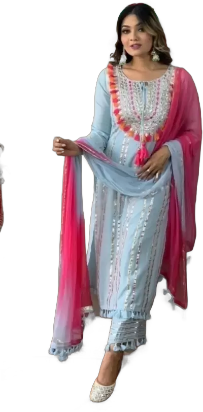 Women Embroidered Kurta Set With Chiffon Dupatta