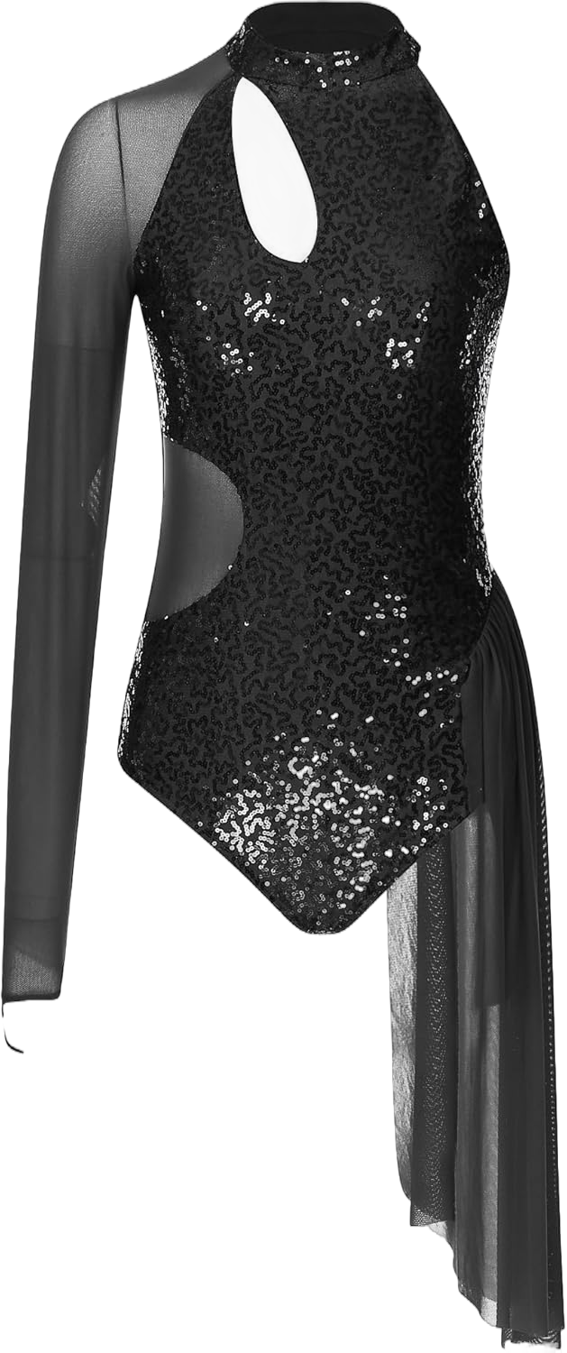 Womens Glitter Sequins Figure Ice Skating Dress One Shoulder Leotard Lyrical Dance Performance Costume Black X-Large