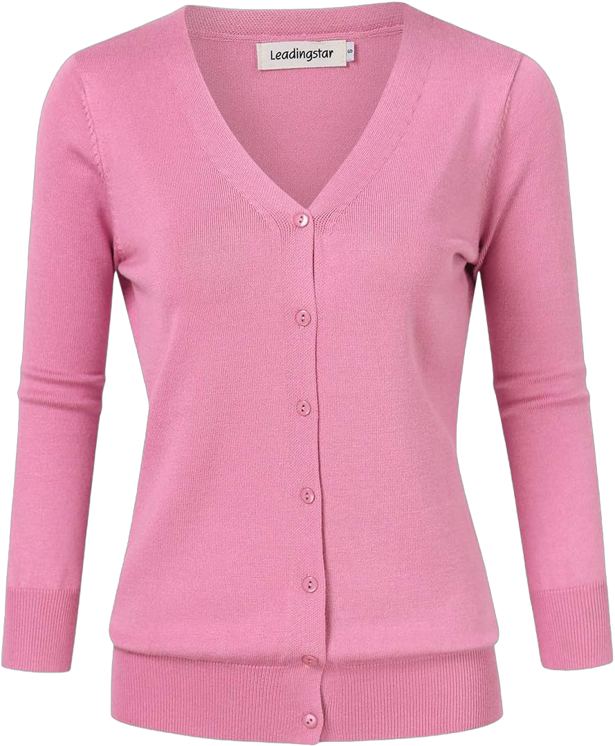 Women's 3/4 Sleeve Button Down Sweater Cardigan Large V-neck Light Pink