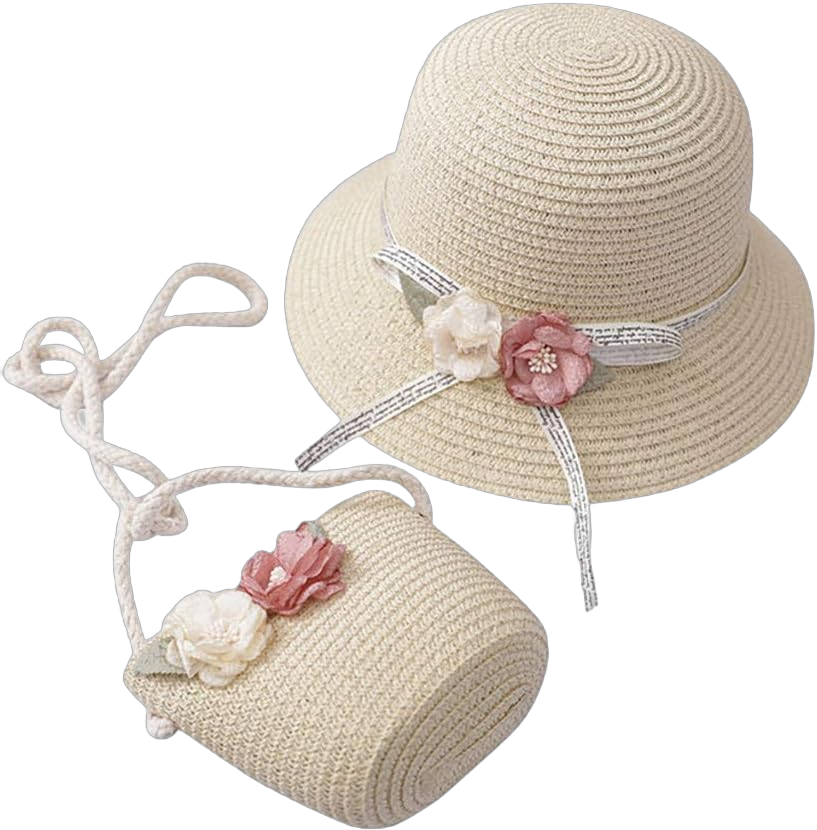 Straw Sun Hats Flower Hat Sun 2-7 Age Children Set Sun Straw Hat Bag Tourism and Girls Beach Sun Protection (Beige-1, One Size)