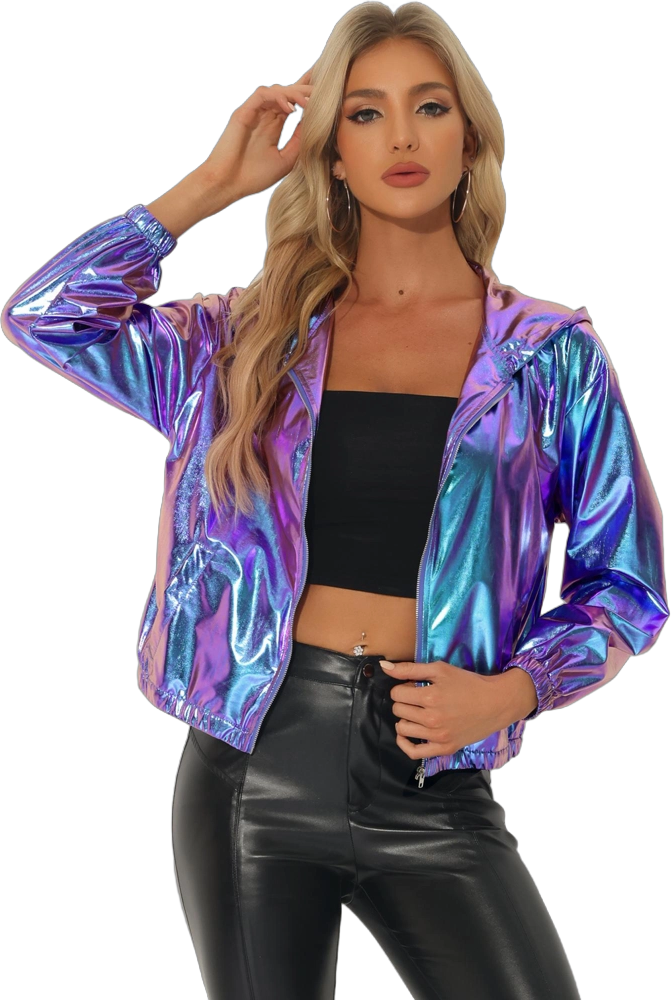 Allegra K Women's Casual Coat Holographic Hooded Long Sleeve Zipper Metallic Jacket Blue Purple Large