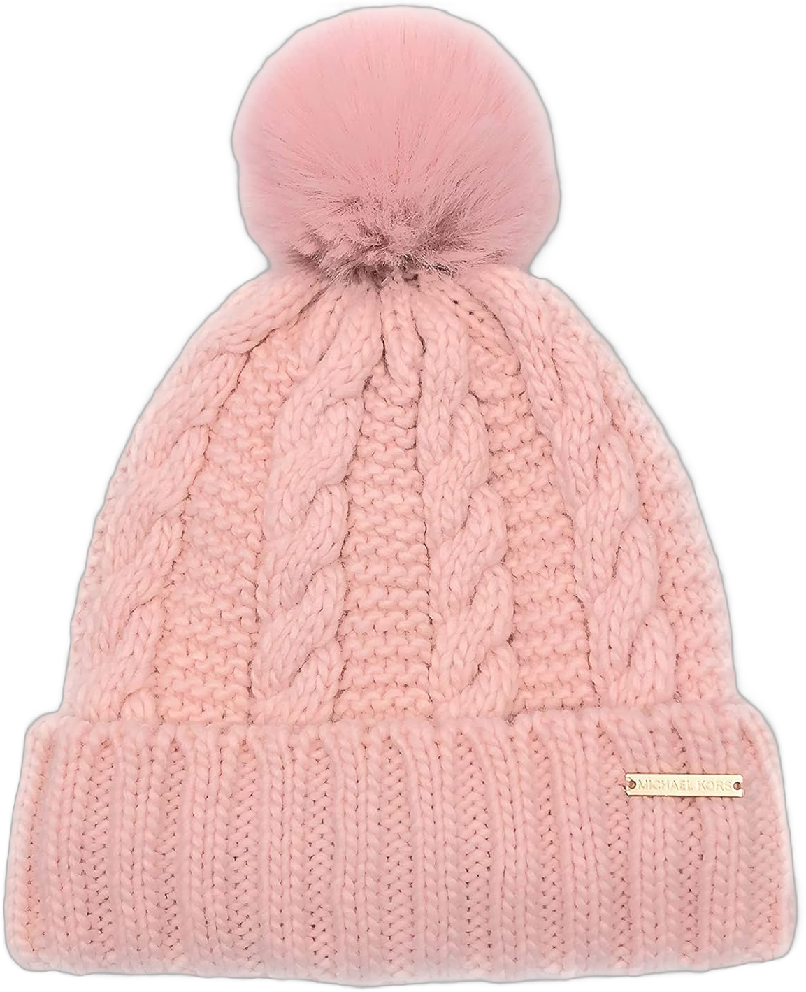 Michael Michael Kors Women`s Cable Knit Teddy Fleece Faux Fur Pom Pom Beanie Hat (P(539512C-650)/G, One Size)