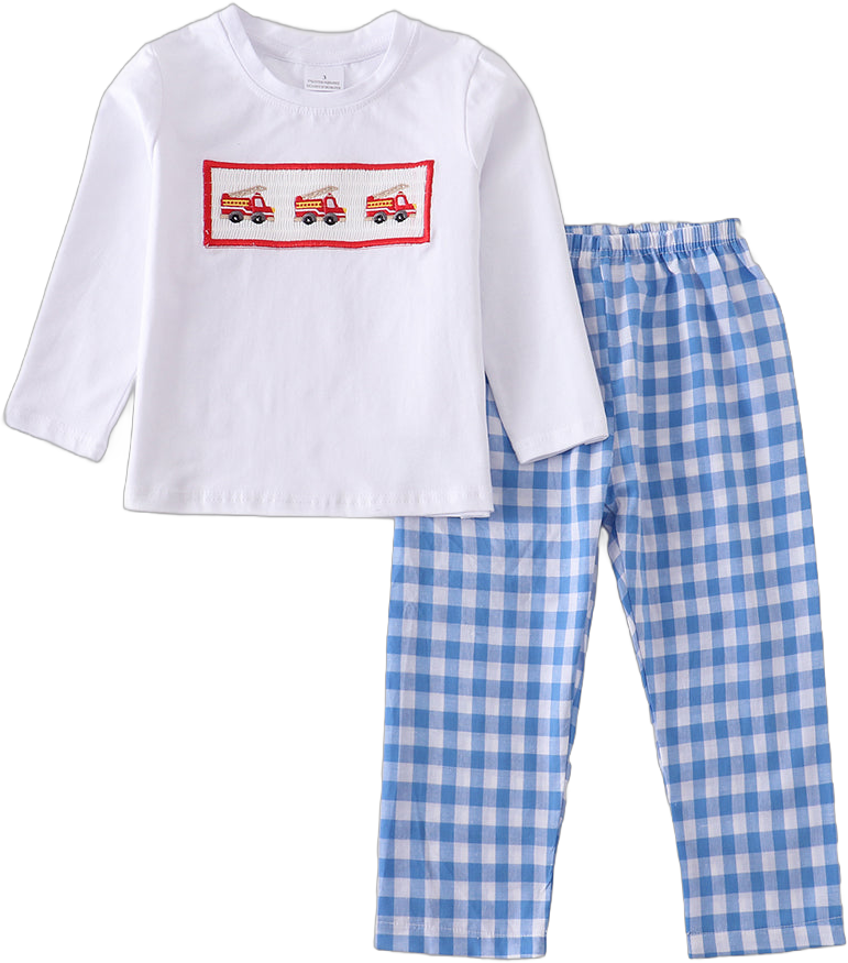 Fire engine smocked plaid pants boy set