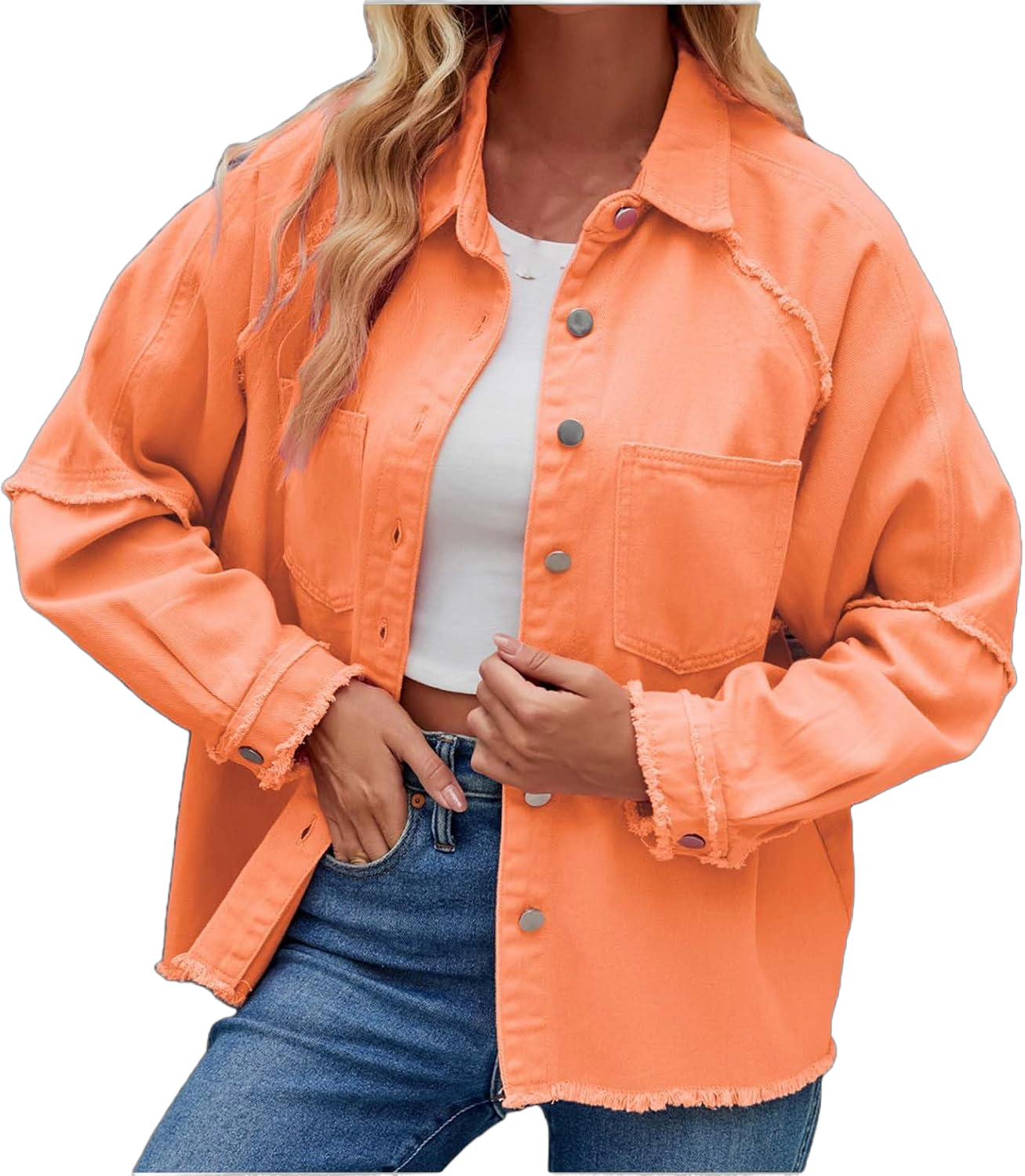 Denim Jackets for Women Collar Neck Rolled Sleeve Loose Fit Button Cardigan Trendy Long Cowgirl Winter Fall Womens Coats V-21 Burnt Orange Large