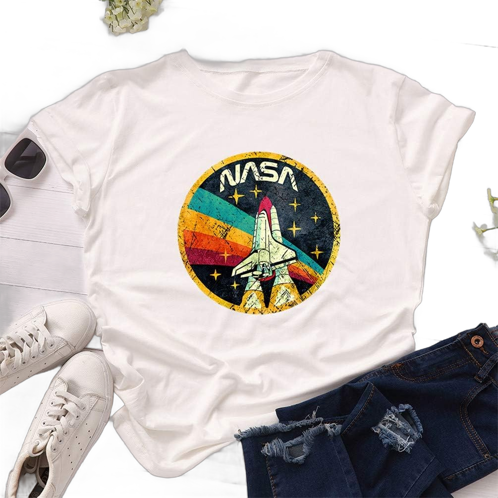 Nicetage Women Vintage Space Shuttle Graphic T-Shirt NASA Letter Print Shirt Casual Tee Tops Small Pure White