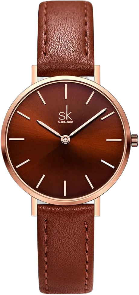 SHENGKE SK Ultra Thin Minialist Women Watches Simple Two Hands Ladies Dress Watch Leather Strap Coffee