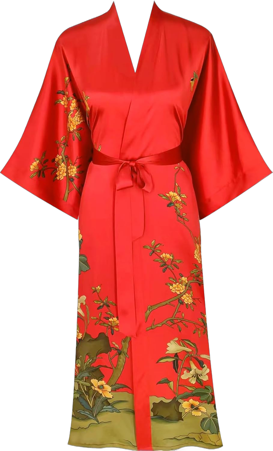 Women's Classic 100% Silk Kimono Robe, Bathrobe—Printed Pattern One Size Flower and Bird Red