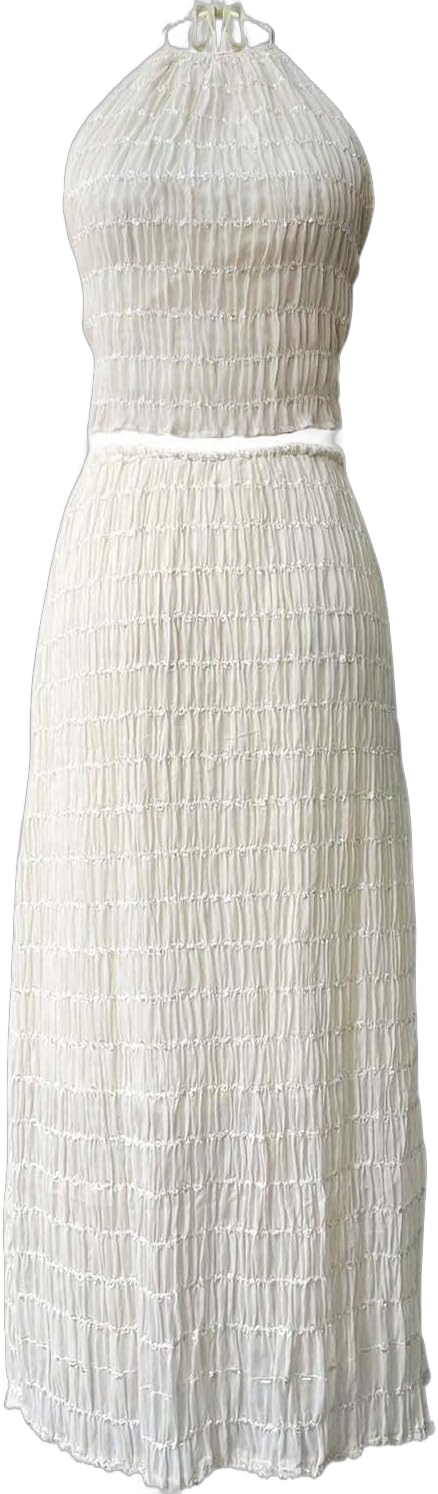 Women's Chiffon Pleated Maxi Skirt And Neck Crop Top Set With Wooden Bead Trim Blouse Pencil Skirt Small White