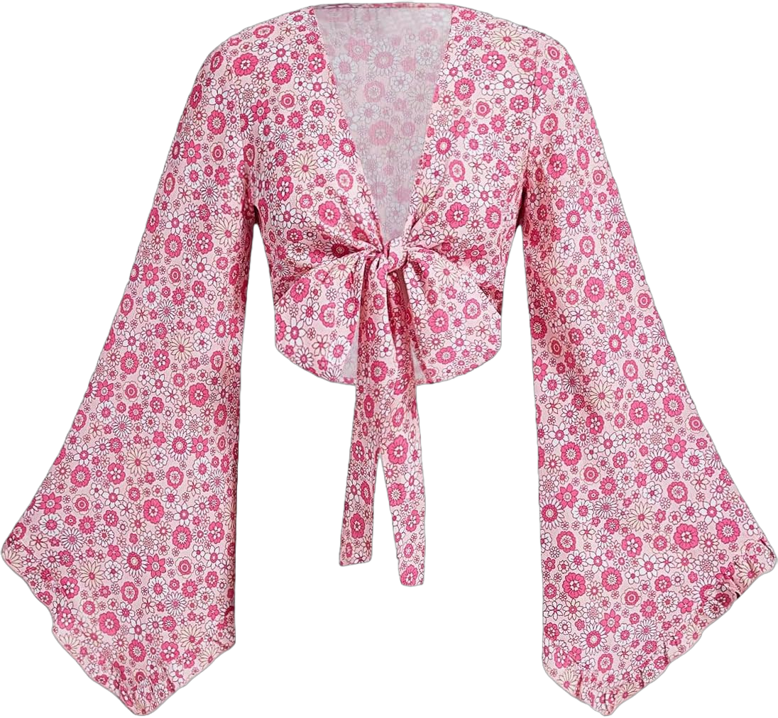 Verdusa Women's 70s Floral Print Tie Front Blouse Bell Long Sleeve V Neck Crop Top Medium Pink