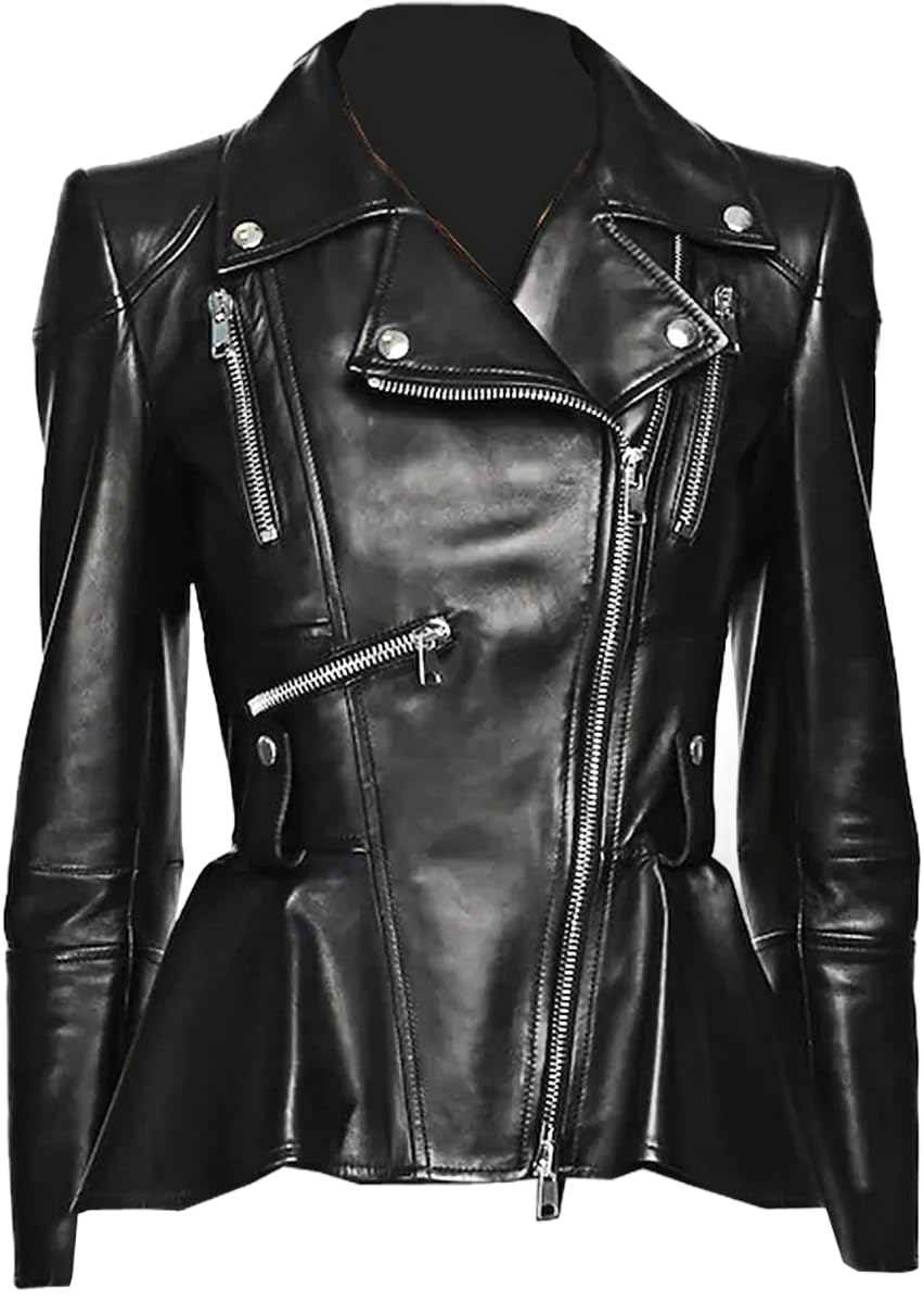 Medusa Black Peplum Fashionable Designer Genuine Leather Jacket Women Missy Plus Size One Size W34 Black