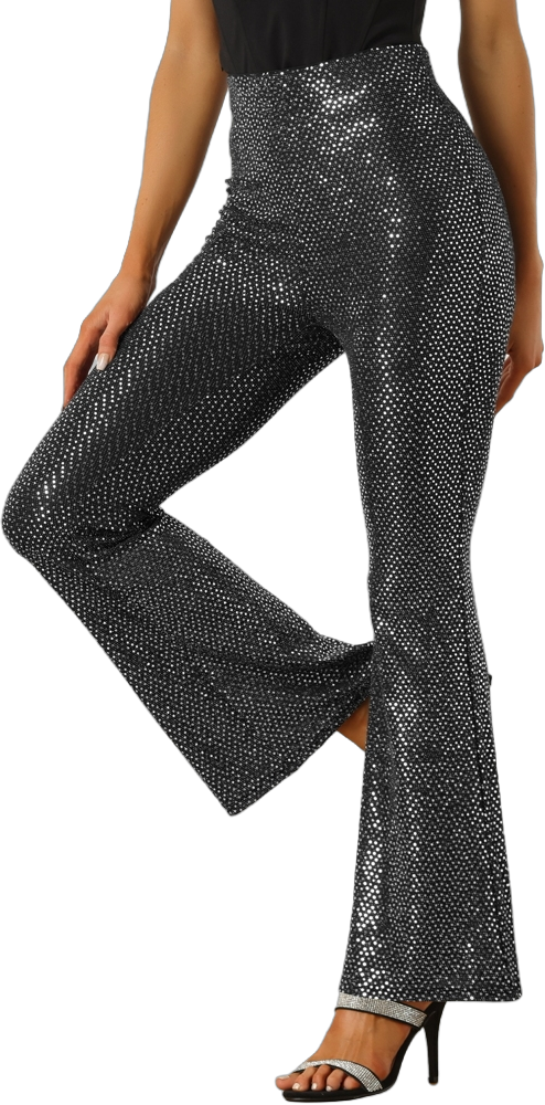 Allegra K Women's Sparkle Sequin Stretch High Waist Shiny Flare Bottoms Pants Silver Black Medium