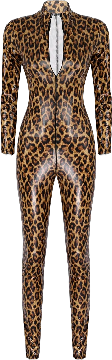 Womens Leopard Print Lingerie Faux Leather Night Club jumpsuit Bodysuit Adult Latex Catsuit Medium Brown