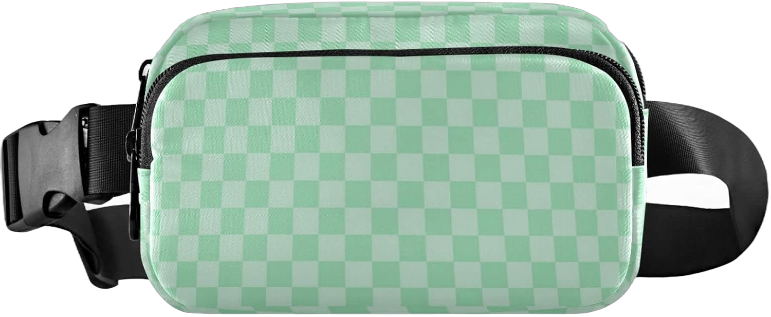 Cute Pastel Green Checkerboard Belt Bag for Women Men Checkered Gingham Plaid Tartan Fanny Pack Small Waist Pouch Crossbody Bags for Outdoor Hiking Running Travel