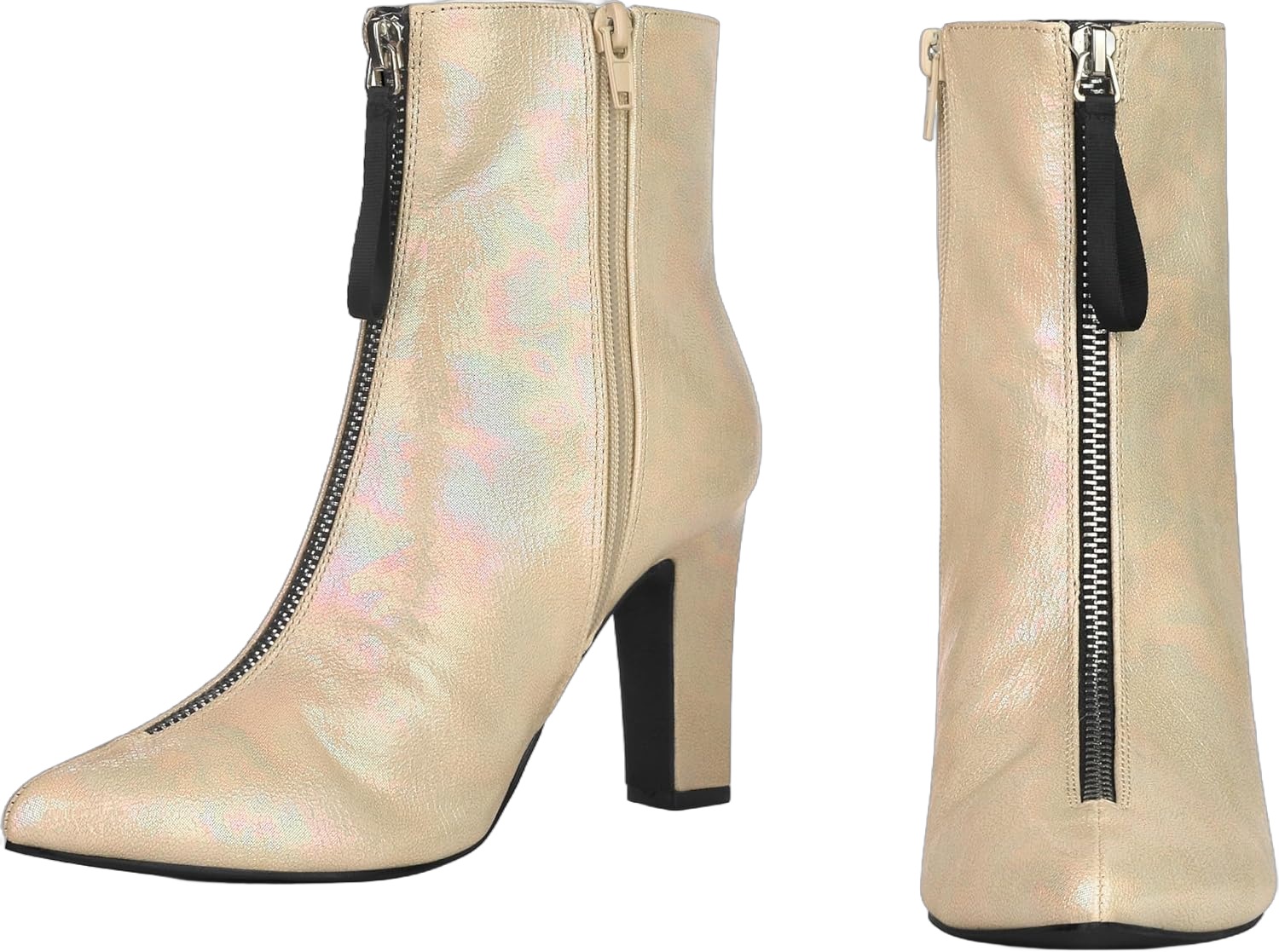 Perphy Rave Holographic Pointed Toe Chunky Heel Zipper Ankle Boots for Women 8 Gold