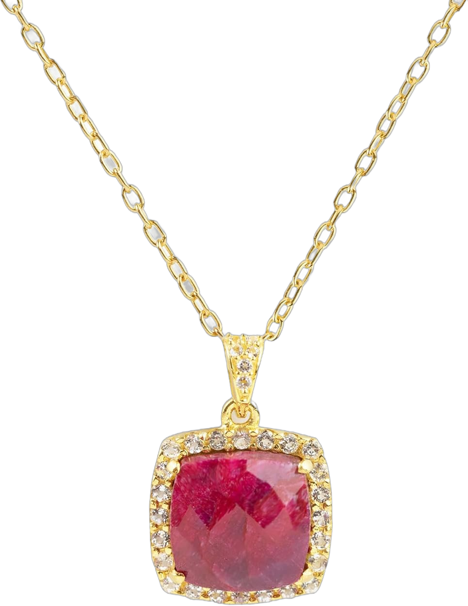 MAX + STONE 5 Ct. Gemstone Necklace for Women | 18k Gold Over Sterling Silver 10x10 MM Cushion Cut Birthstone Necklace with Halo | Adjustable 18-20 Inch Chain | Large Real Gold Pendant Necklace Natural Ruby