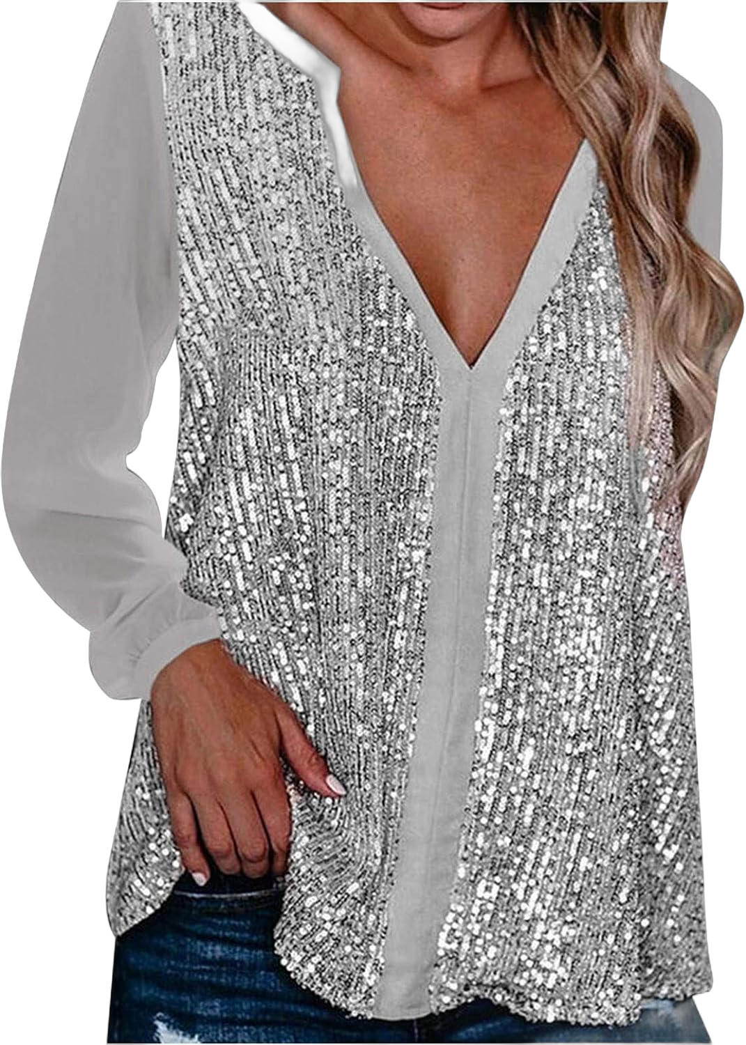 Women Sequins Top Long Sleeve Shirt V-Neck Shiny Sequined Shirt Casual Tops Workout Blouse Loose Party T-Shirt Silver 3XL