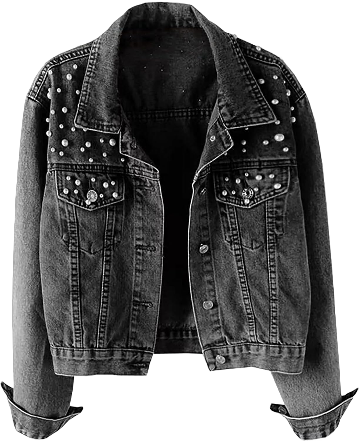 Hixiaohe Women Loose Embroidered Pearls Beading Cropped Denim Jacket Jean Coat Medium Black