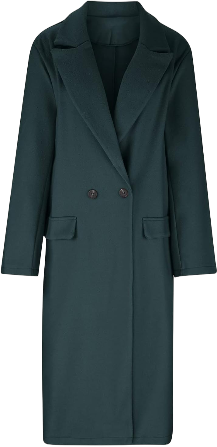 Long Trench Coat for Women Soft Wool Lapel Double Breasted Pea Coat Casual Business Solid Outwear Winter Fall Essentials Small 1#green