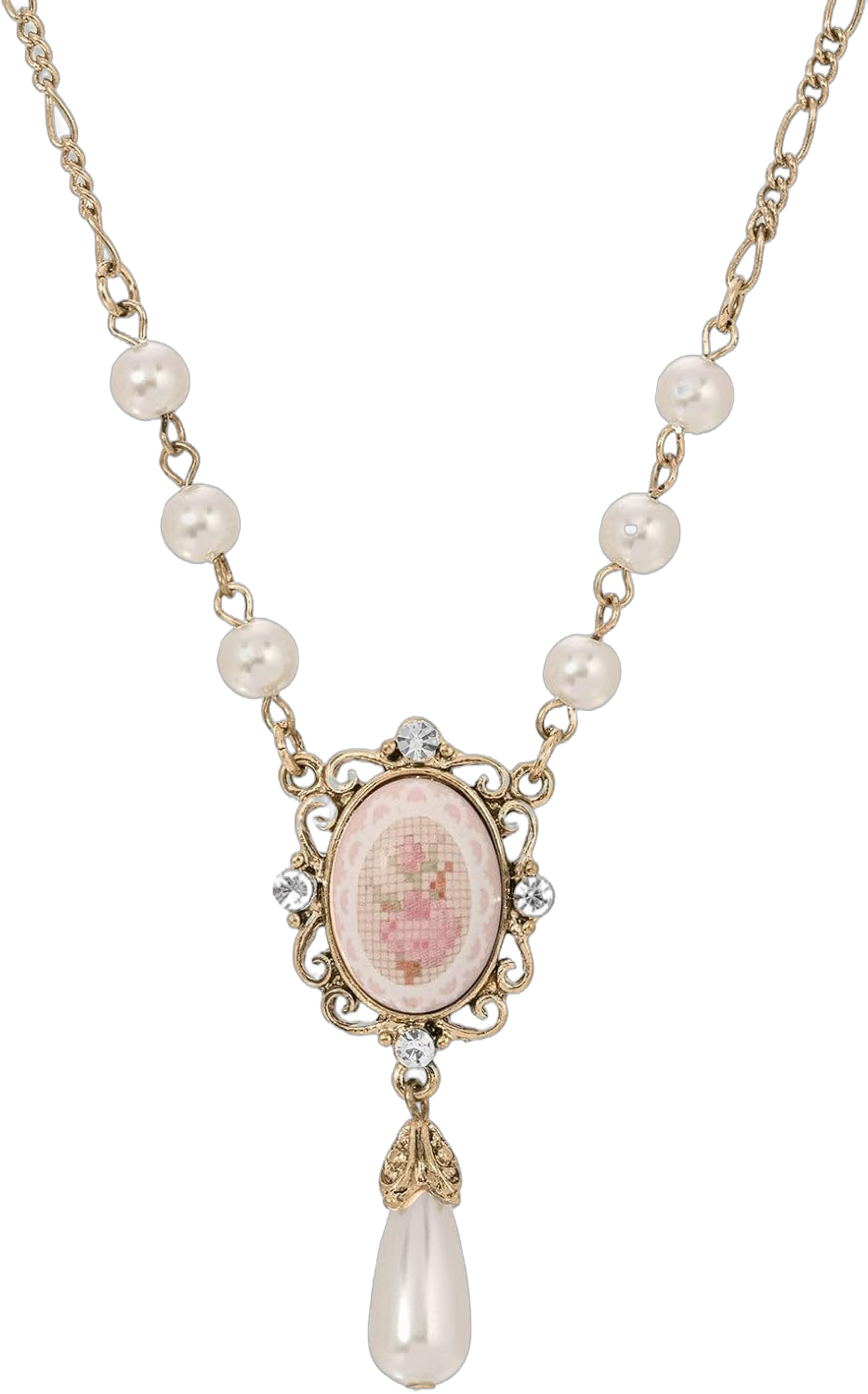 1928 Jewelry Women's Vintage Pink Porcelain Rose Faux Pearl Drop Necklace, 16'' + 3'' Extender, Unique Stitch Pattern Design, Classic Gold-Tone Fashion Accessory, Perfect Gift for Any Occasion