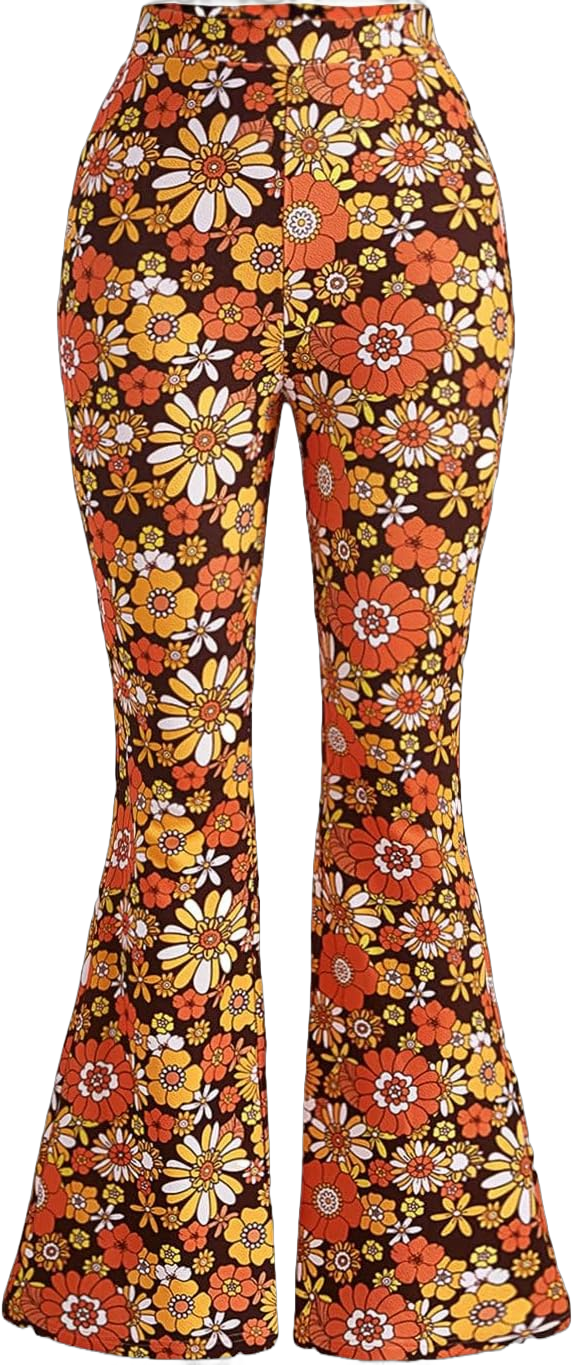 Verdusa Women's 70s Floral Print Flare Leg Pants Casual High Waisted Long Trousers Light Orange Medium