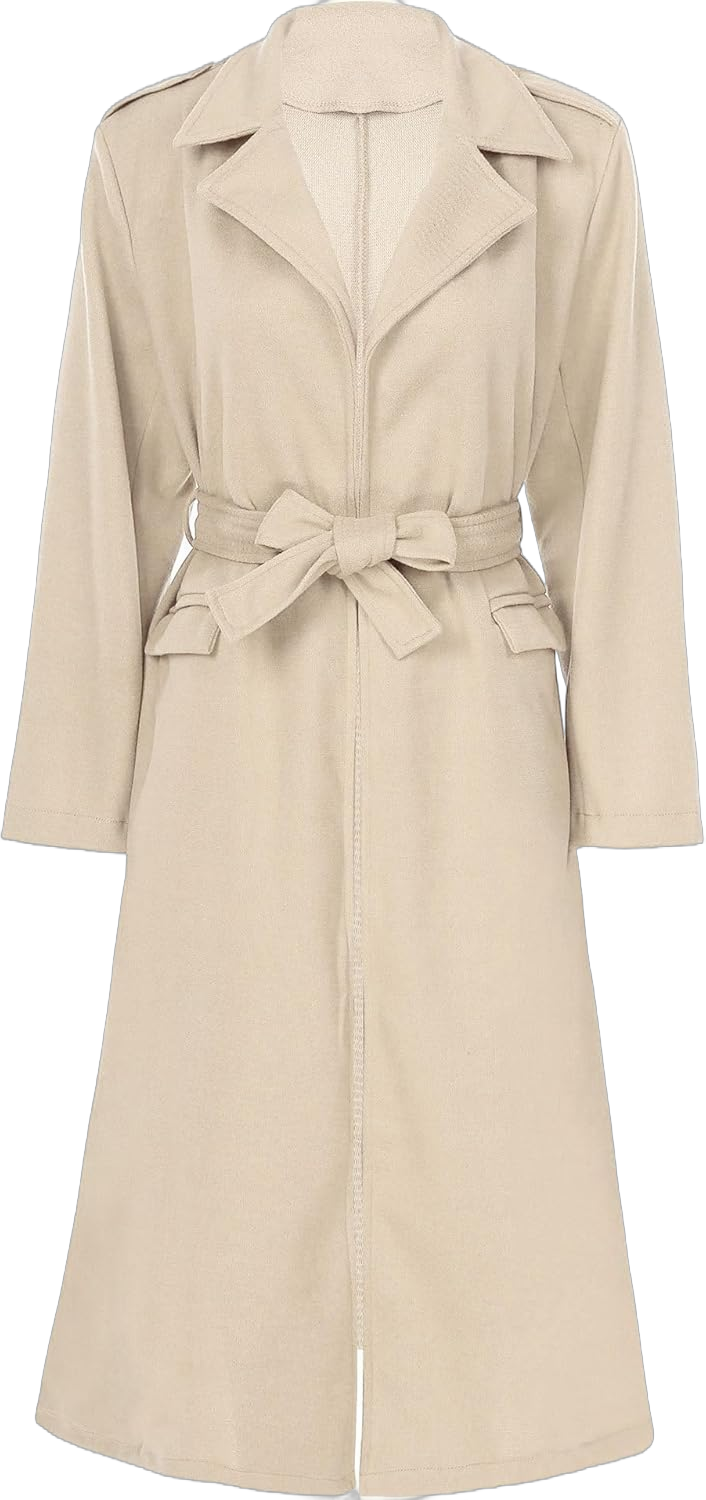 Womens Casual Long Trench Coat Open Front Lapel Overcoat Windproof Classic Peacoat with Self-Tie Belt X-Large Beige