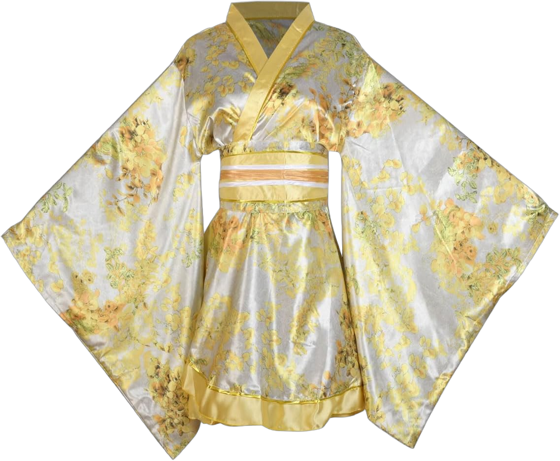 Women's Sexy Short Kimono Costume Adult Japanese Geisha Robe Prints Floral Bathrobe Sleepwear With Obi Belt Outfit One Size S59#_gold