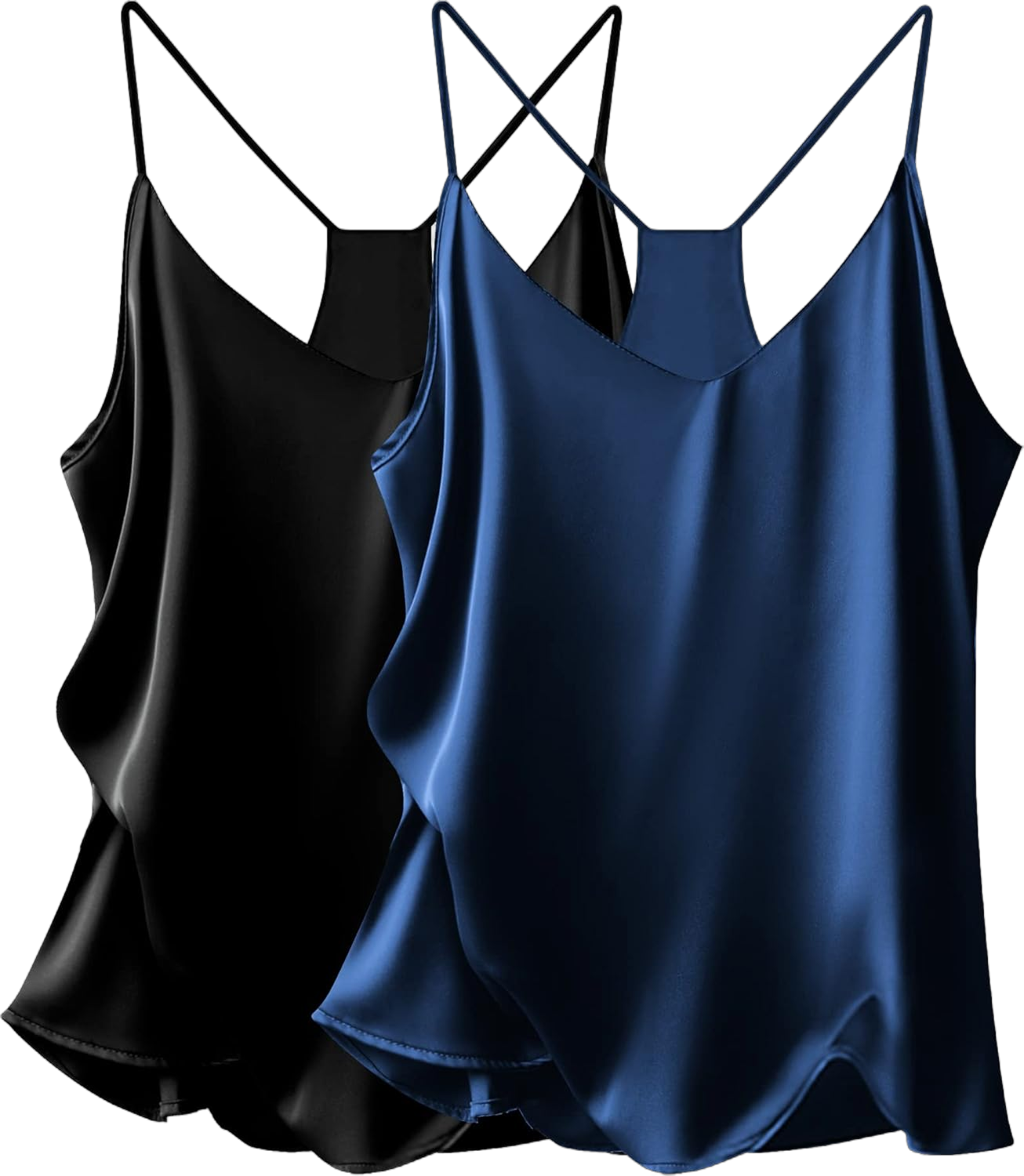 Ekouaer Womens Satin Cami Tops 2 Pack V Neck Silk Camisole Tank Top Spaghetti Strap Racerback Camis Blouse Shirt Navy Blue/Black