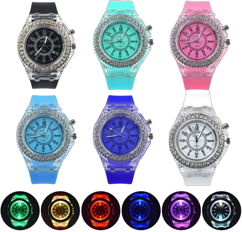 Weicam 6 Pack Women Men LED Luminous Colorful Lights Watches Unisex Jelly Analog Quartz Wrist Watches Wholesales Assort Set Bracelet