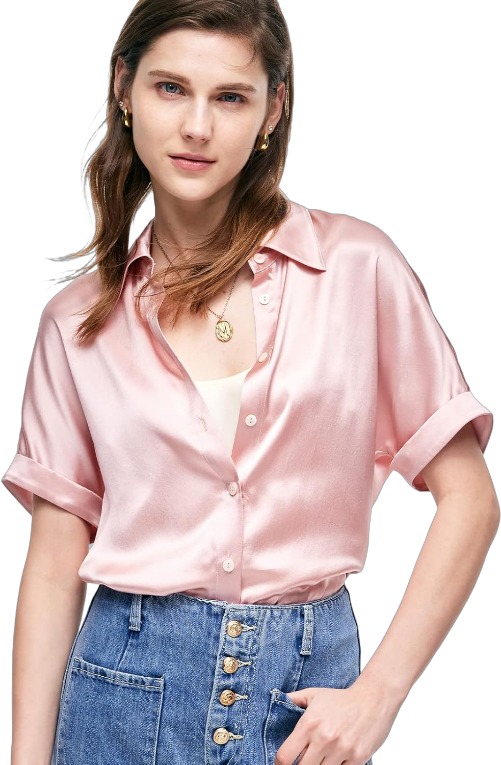 Silk Blouse for Women Button Down Shirts: Women's Short Sleeve Elegant Shirt 100% Pure Silk Casual Tops Summer Luxury Blouses Large Pink