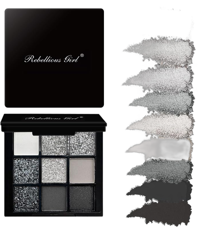 VERONNI Black Smokey Gray Silver Glitter Eyeshadow Palette, 9 Colors Matte&Shimmer & Glitter Eyeshadow Makeup, Long Lasting Blendable Neutral Eye Look, Highly Pigmented Eye Shadow Powder