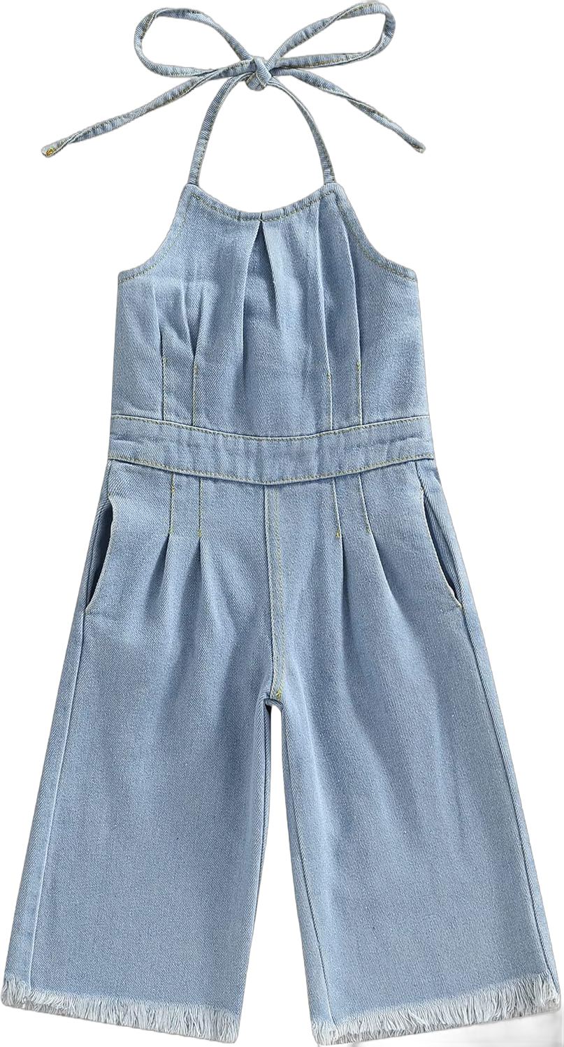 Emmababy Kid Girl Denim Overalls Bell Bottom Jumpsuit Sleeveless Tie Shoulder Straps Jeans Romper Cutout Wide Leg Jumpsuit 3-4T 07 Blue