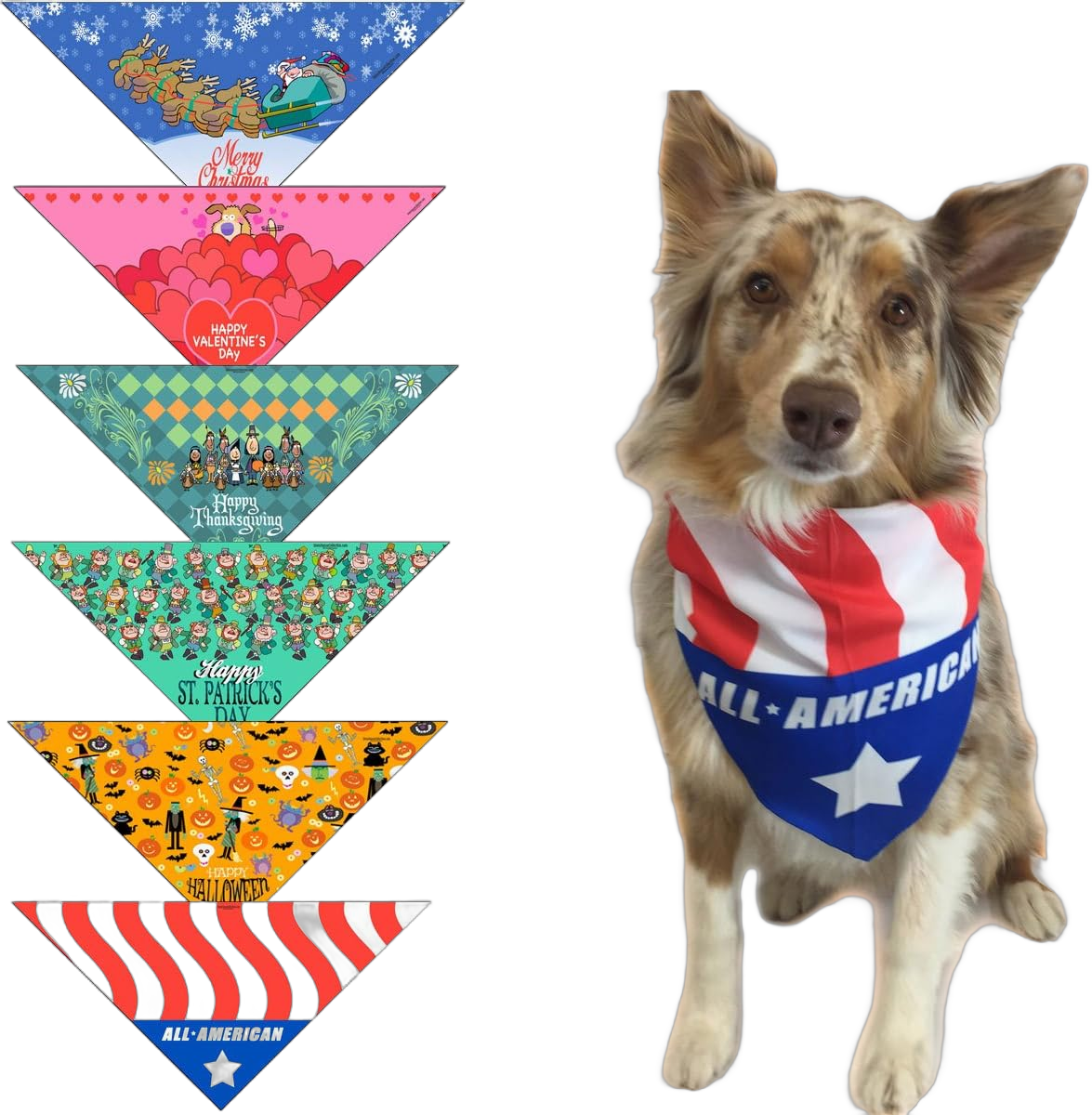 6 pc Holiday Dog Bandana Med to Large Dogs - Set of 6 - Christmas, Halloween, Thanksgiving, Valentine's Day, St. Patricks Day, Patriotic