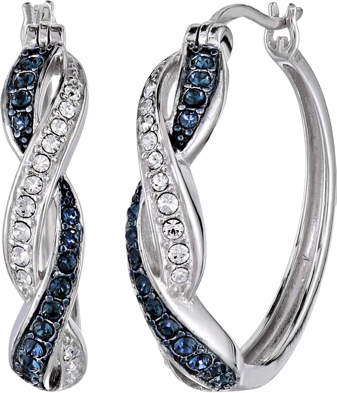 Amazon Essentials .925 Sterling Silver Rhodium Plated Crystal Twisted Hoop Earrings for Women, Hypoallergenic Nickel-Free, Lightweight Hoops with Click Post Closure Dark Blue/White