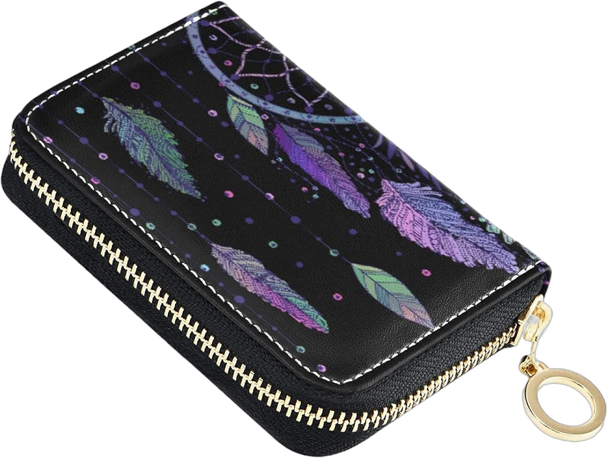 Dream Cather Feathers On Black Credit Card Coin wallet, RFID Blocking Compact Women Leather Card Holder, Key Change Organizer, Zipper Purse Clutch Pouch Pocket 4.7x3.1x0.8 Inch Multi 15