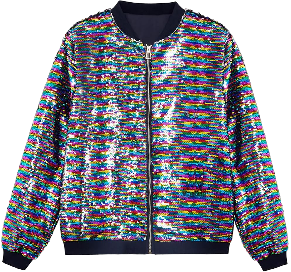 A ARFAR Women Sequin Jackets Flip Glitter Varsity Bomber Sparkly Coat Party Outwear Ladies Shiny Cloth Medium Rainbow to Silver