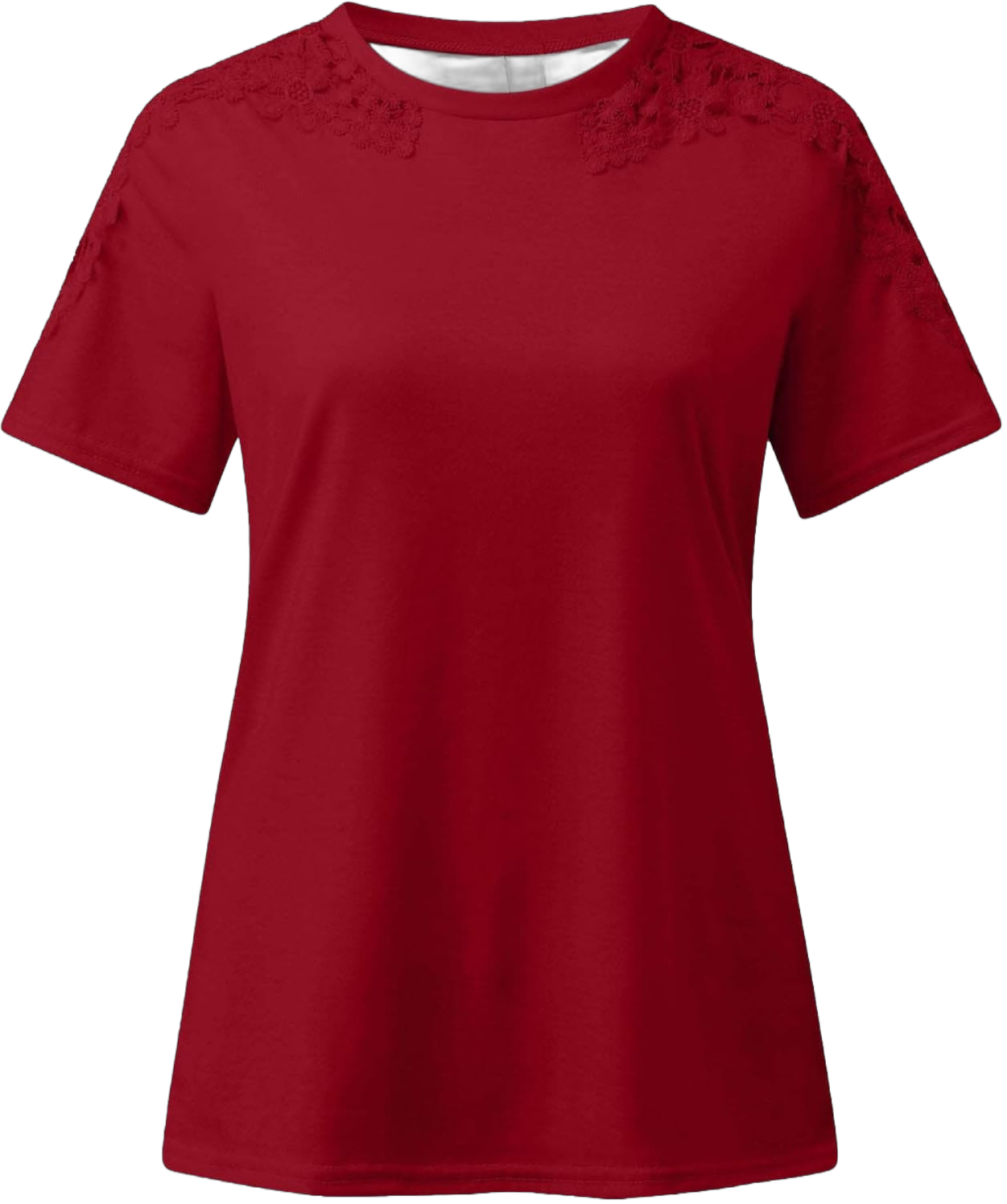 Women Lace Short Sleeve T-Shirt Summer Casual Blouse Dressy Crewneck Tops Plain Trendy Elegant Tee Shirts Tunics Red Large