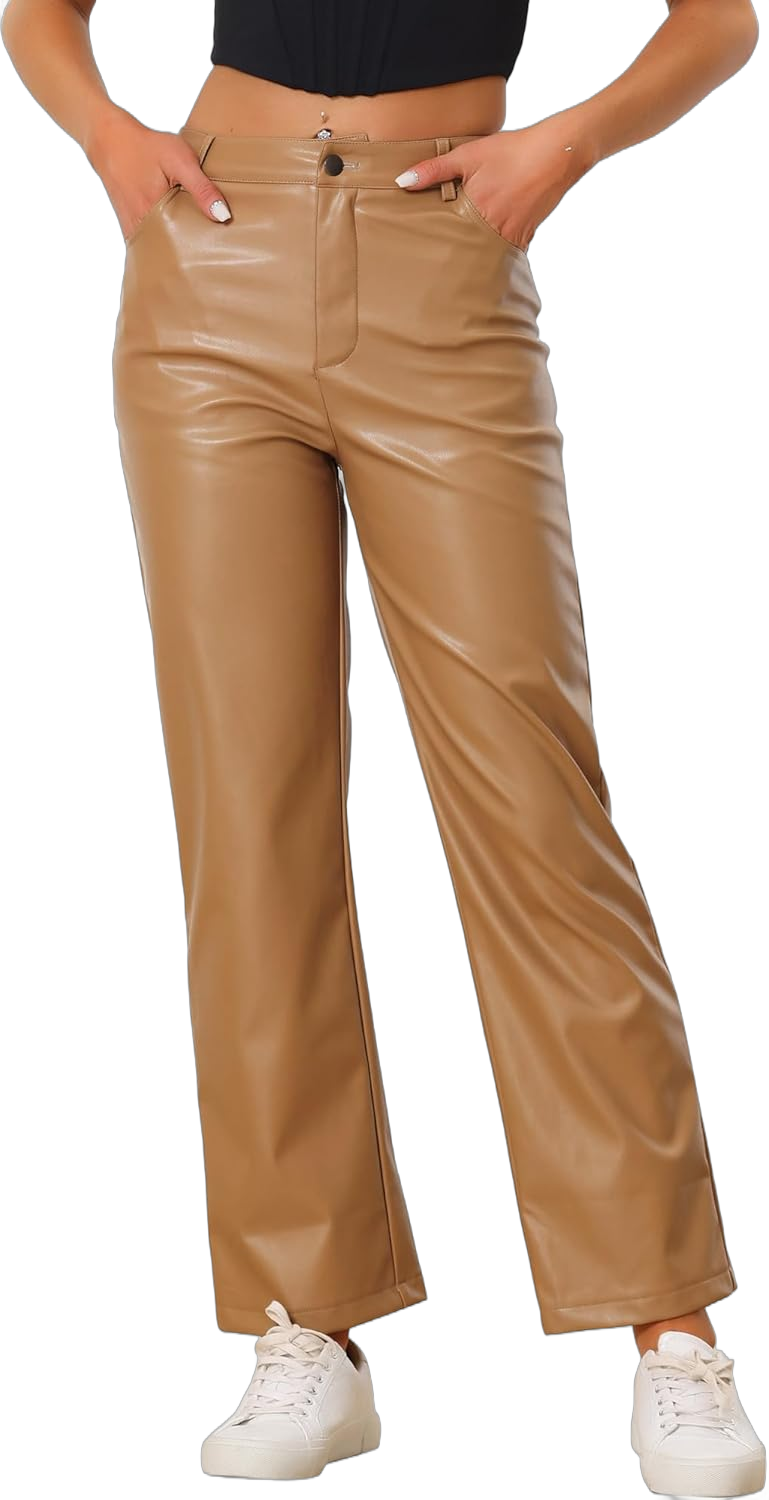 Allegra K Faux Leather Pants for Women's High Waist Straight Leg Punk PU Trousers