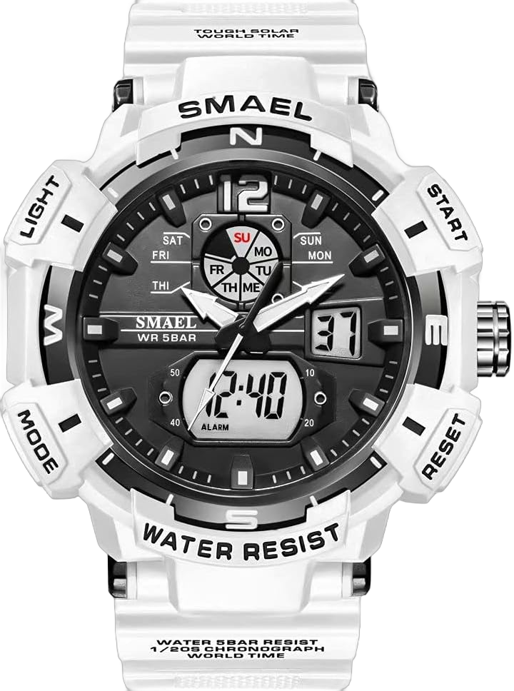 SMAEL Men's Military Watch Outdoor Sports Waterproof Digital White Watches Big Wrist with Alarm Date Multifunction LED Stopwatch